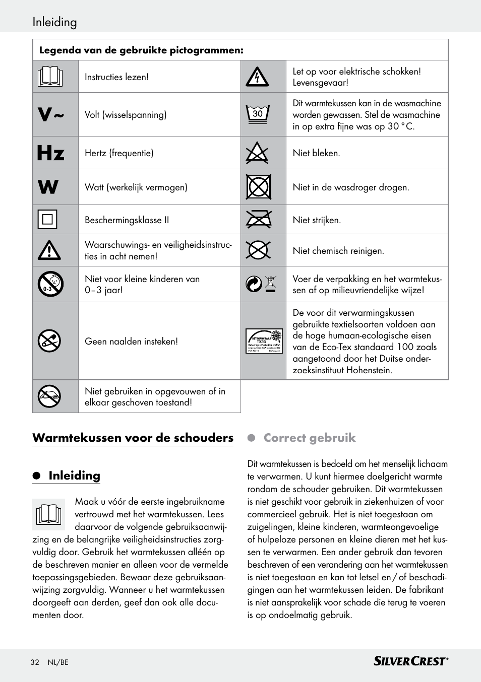 Inleiding, Inleiding / belangrijke veiligheidsinstructies, Warmtekussen voor de schouders inleiding | Correct gebruik | Silvercrest SSHK 100 B2 User Manual | Page 32 / 47