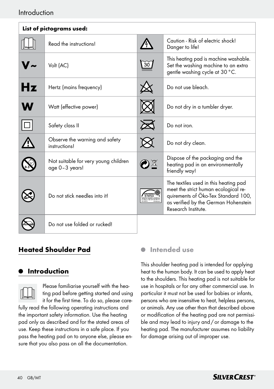 Introduction, Introduction / important safety instructions, Heated shoulder pad introduction | Intended use | Silvercrest SSHK 100 B2 User Manual | Page 40 / 47