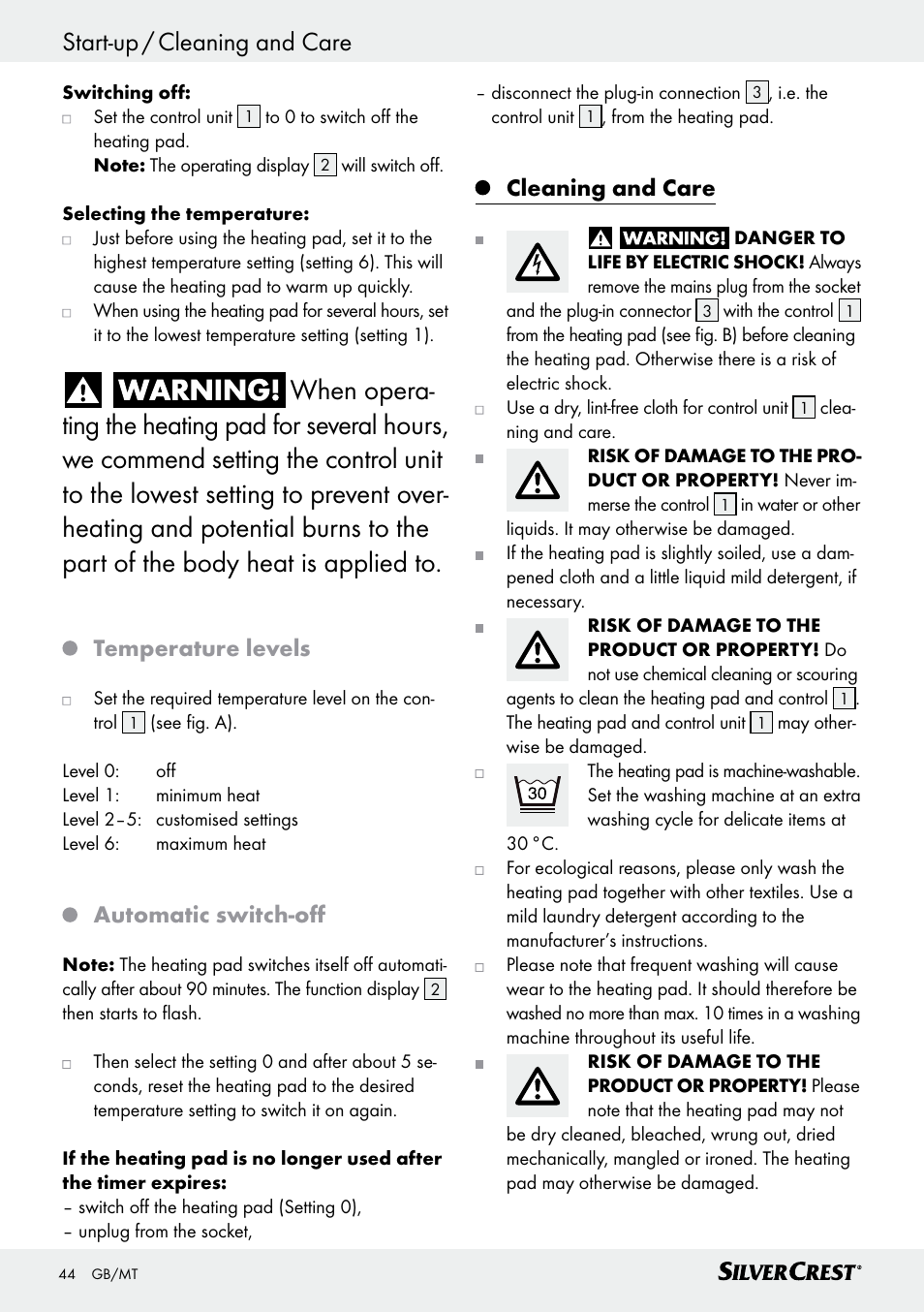 Start-up / cleaning and care, Temperature levels, Automatic switch-off | Cleaning and care | Silvercrest SSHK 100 B2 User Manual | Page 44 / 47