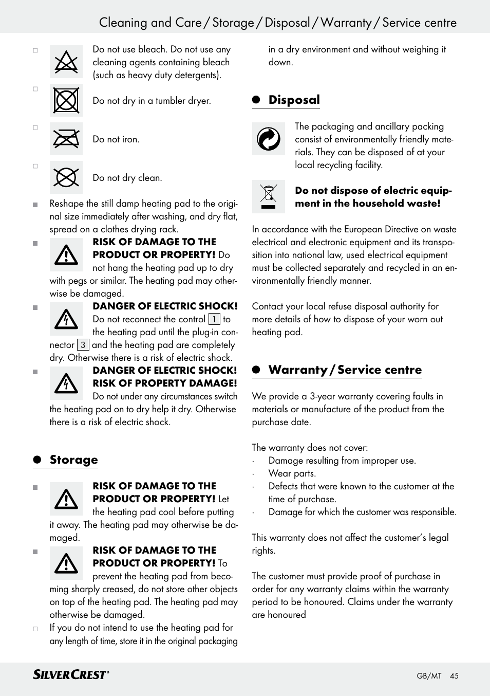 Storage, Disposal, Warranty / service centre | Silvercrest SSHK 100 B2 User Manual | Page 45 / 47