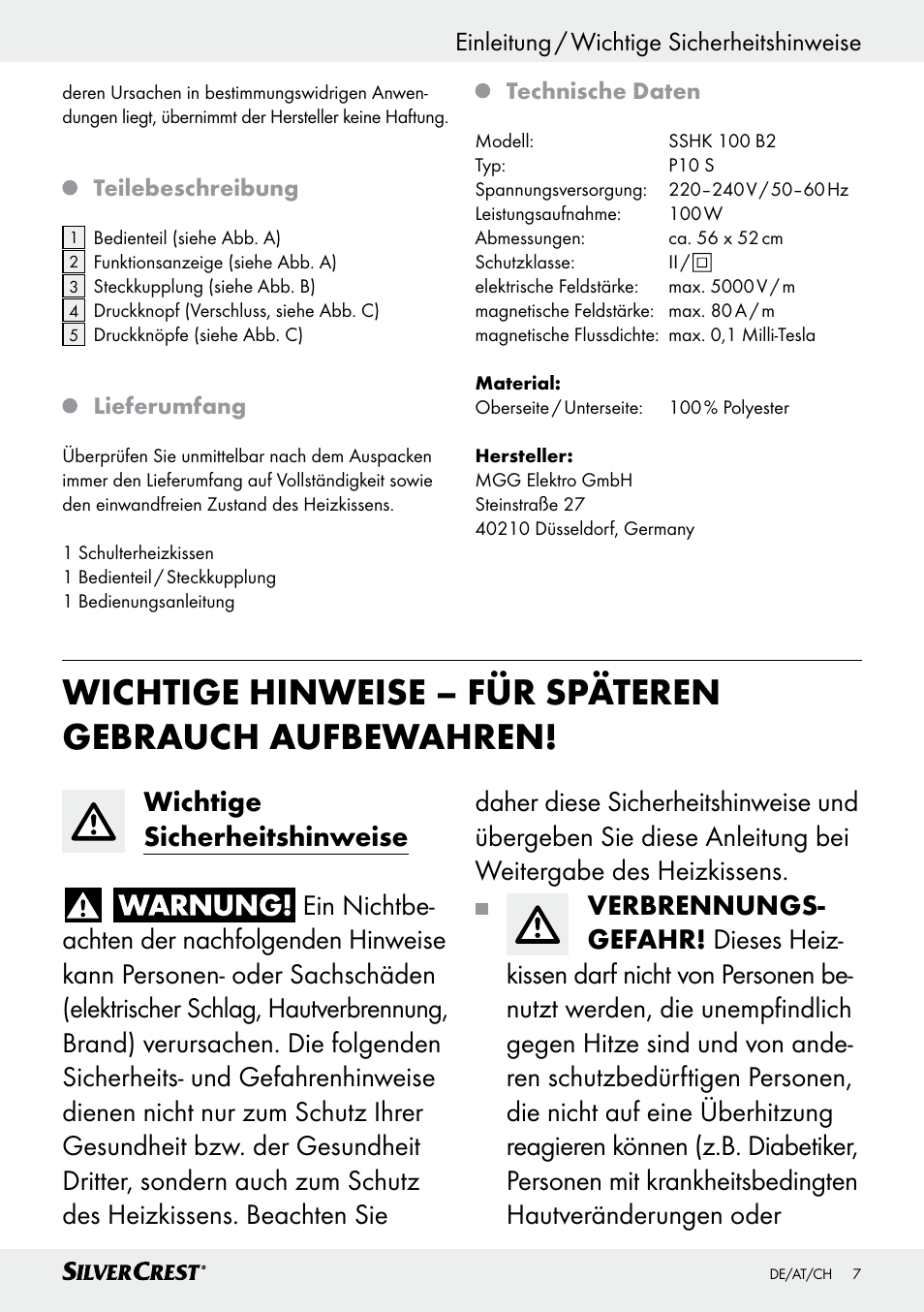 Einleitung / wichtige sicherheitshinweise, Einleitung | Silvercrest SSHK 100 B2 User Manual | Page 7 / 47