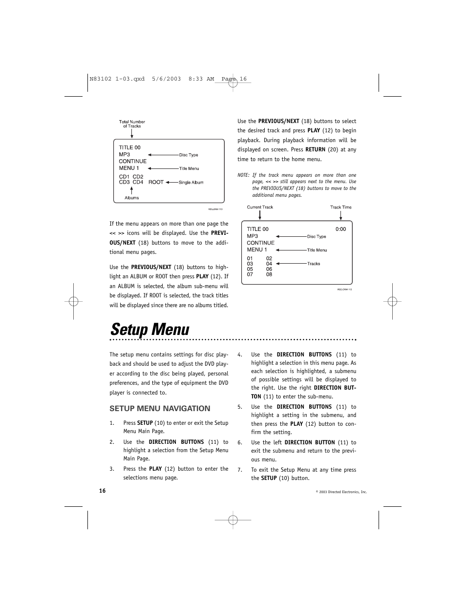 Setup menu | Directed Video DV1700 User Manual | Page 16 / 24