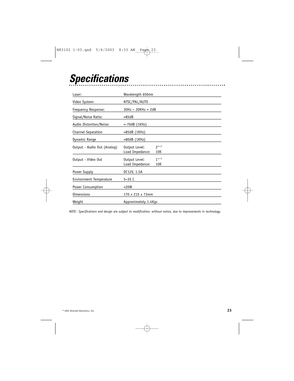 Specifications | Directed Video DV1700 User Manual | Page 23 / 24