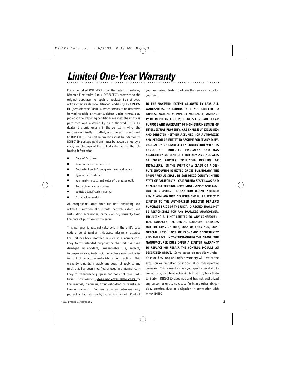 Limited one-year warranty | Directed Video DV1700 User Manual | Page 3 / 24