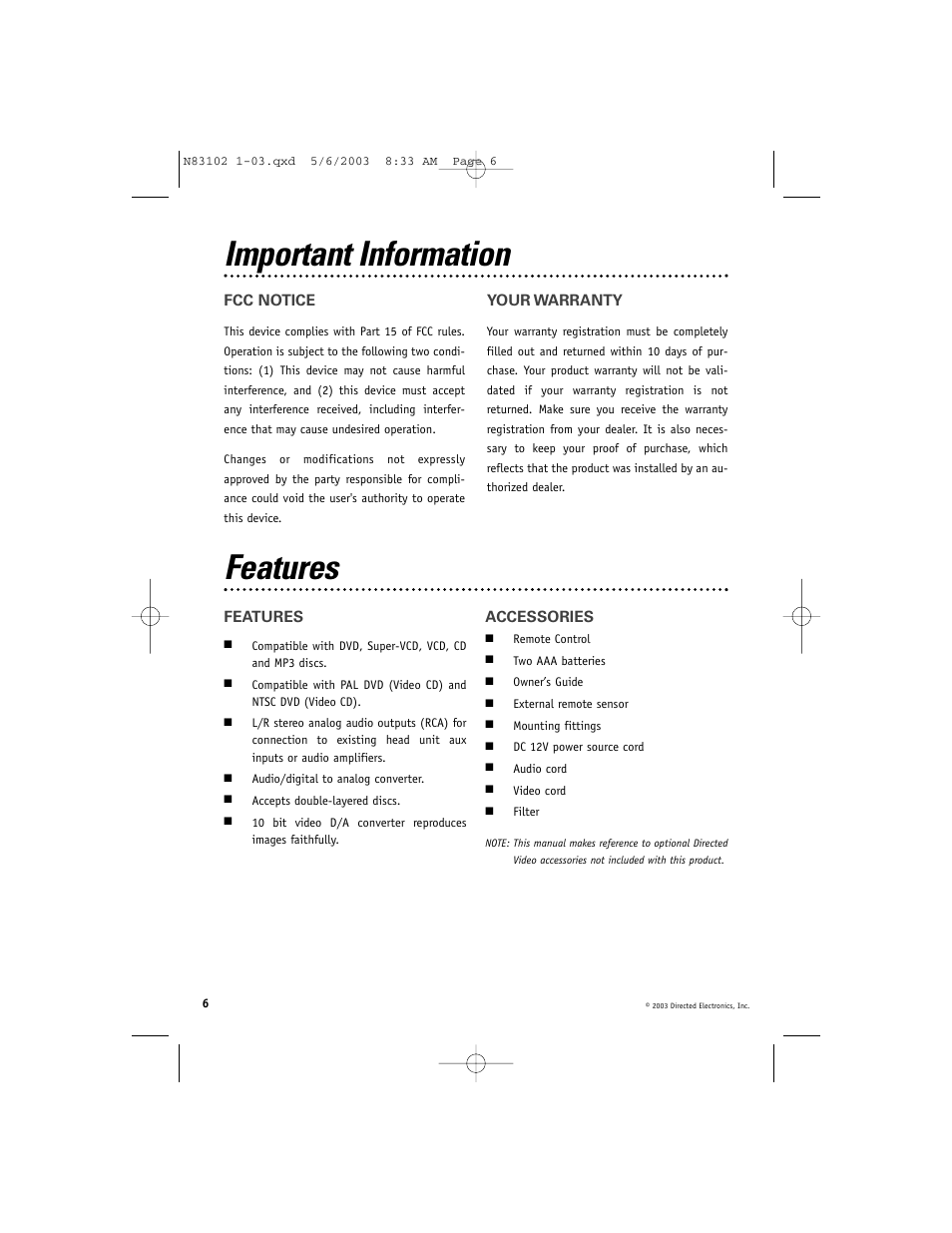 Features, Important information | Directed Video DV1700 User Manual | Page 6 / 24