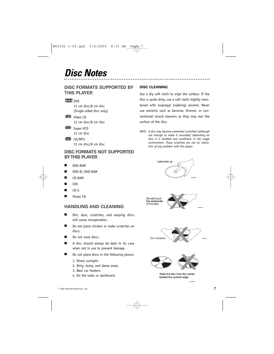 Disc formats supported by this player, Disc formats not supported by this player, Handling and cleaning | Directed Video DV1700 User Manual | Page 7 / 24