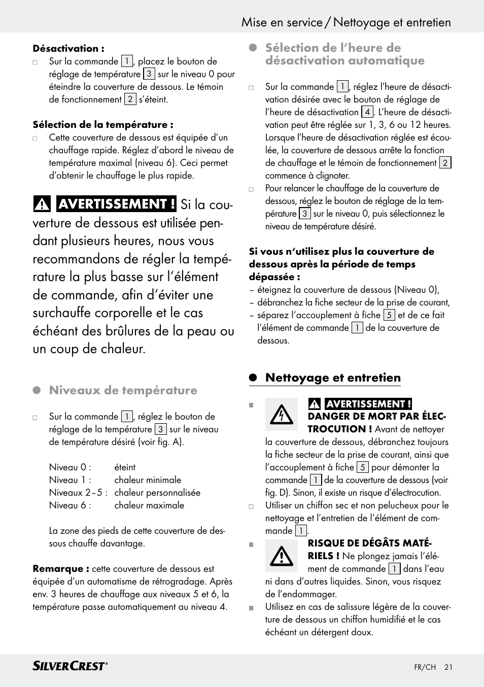 Mise en service / nettoyage et entretien, Niveaux de température, Sélection de l’heure de désactivation automatique | Nettoyage et entretien | Silvercrest SWUB 85 B2 User Manual | Page 21 / 57