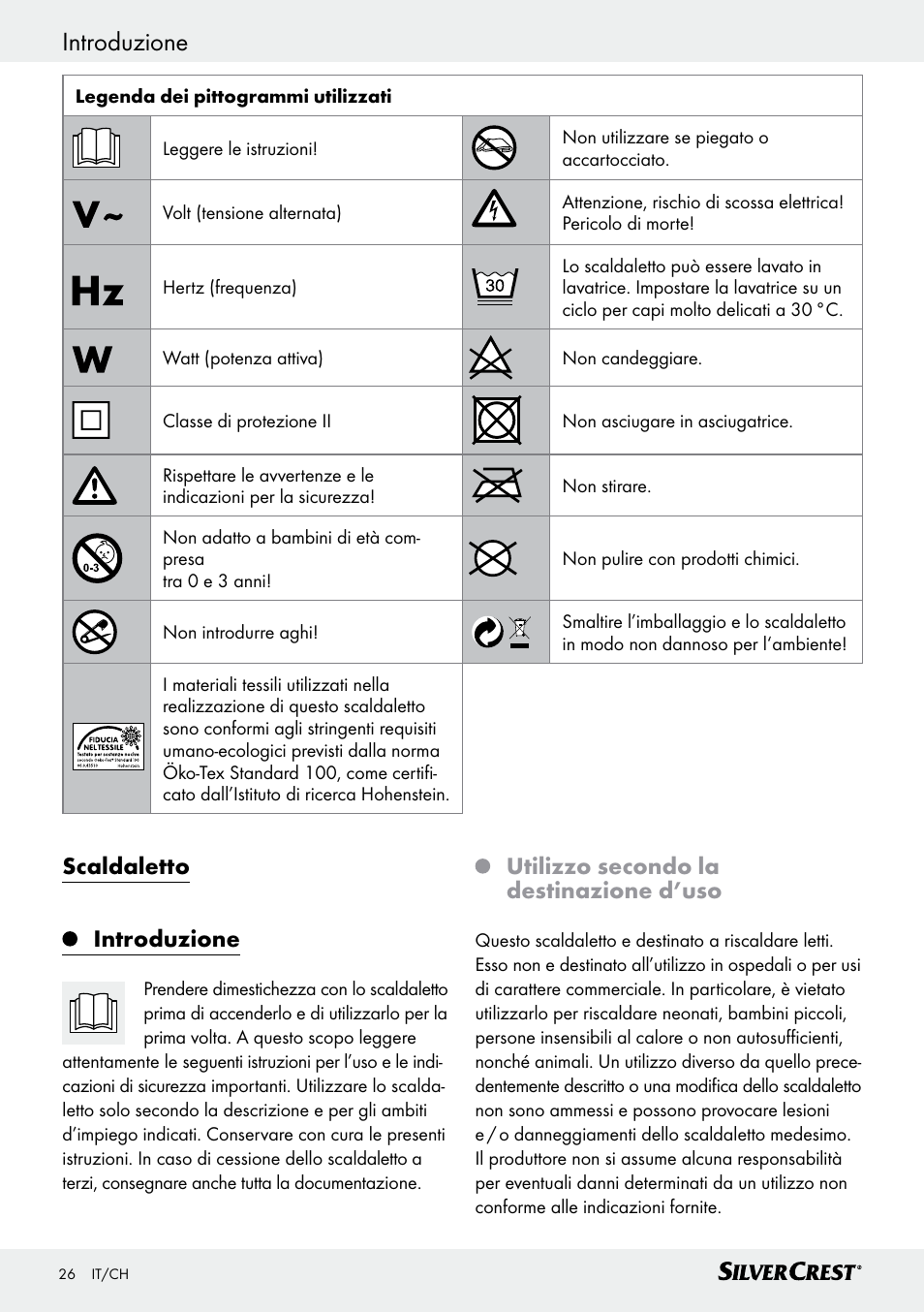 Introduzione, Scaldaletto introduzione, Utilizzo secondo la destinazione d’uso | Silvercrest SWUB 85 B2 User Manual | Page 26 / 57