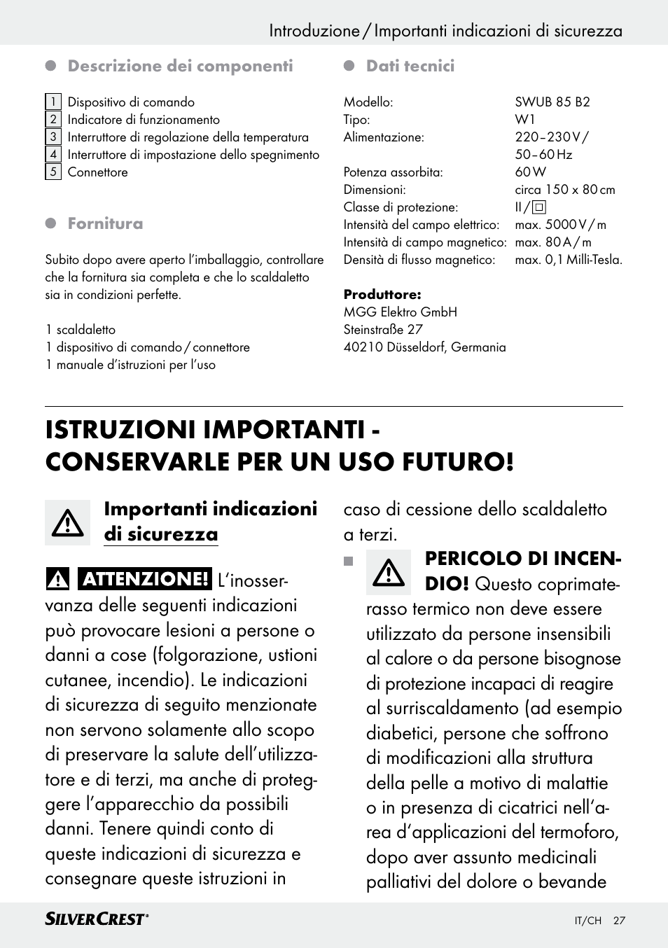 Introduzione / importanti indicazioni di sicurezza | Silvercrest SWUB 85 B2 User Manual | Page 27 / 57