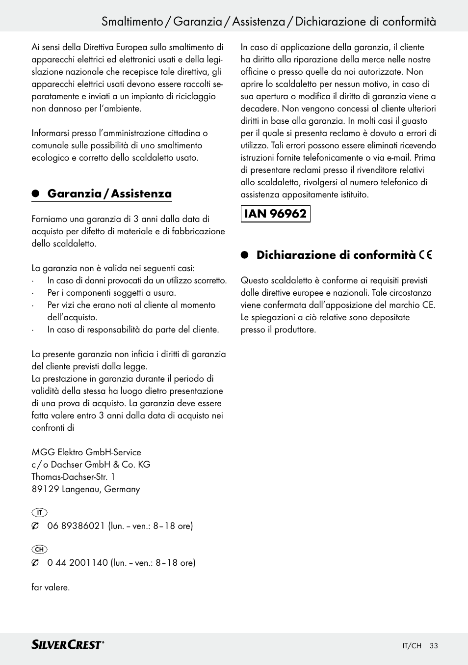Garanzia / assistenza | Silvercrest SWUB 85 B2 User Manual | Page 33 / 57