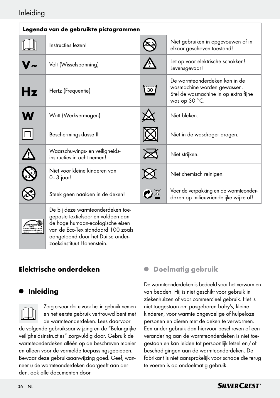 Inleiding, Elektrische onderdeken inleiding, Doelmatig gebruik | Silvercrest SWUB 85 B2 User Manual | Page 36 / 57