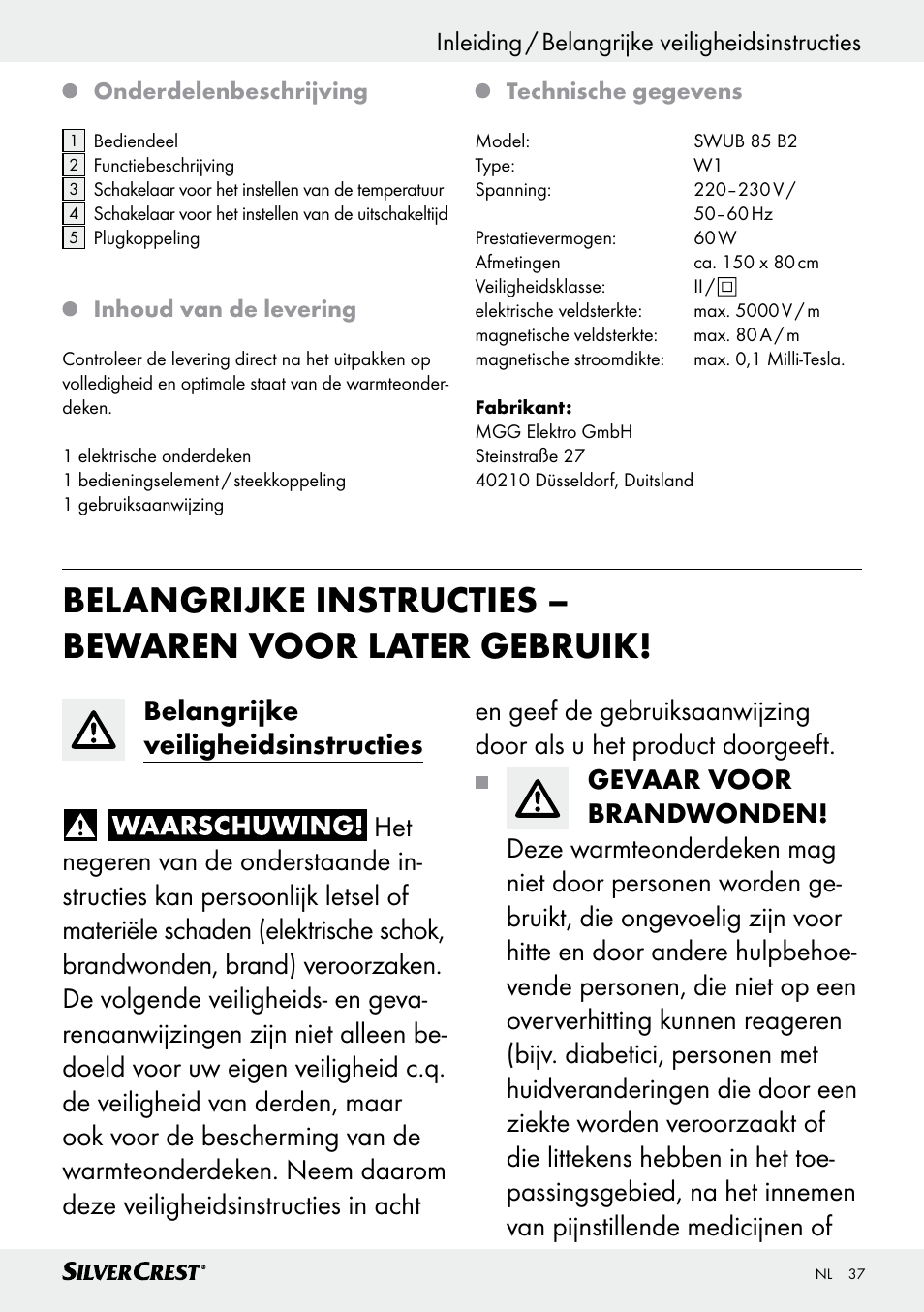 Inleiding / belangrijke veiligheidsinstructies | Silvercrest SWUB 85 B2 User Manual | Page 37 / 57