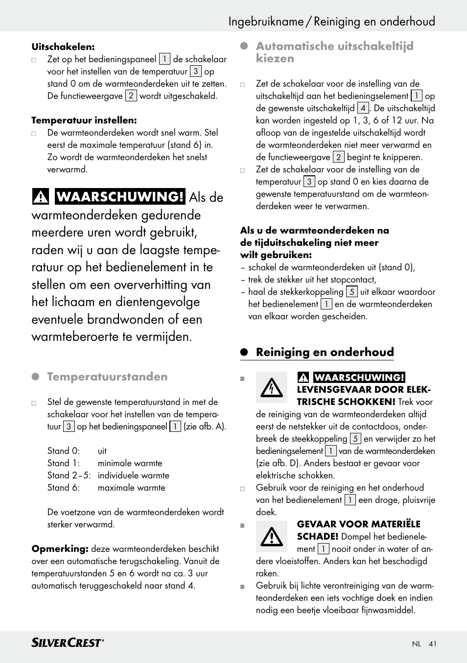 Ingebruikname / reiniging en onderhoud, Temperatuurstanden, Automatische uitschakeltijd kiezen | Reiniging en onderhoud | Silvercrest SWUB 85 B2 User Manual | Page 41 / 57