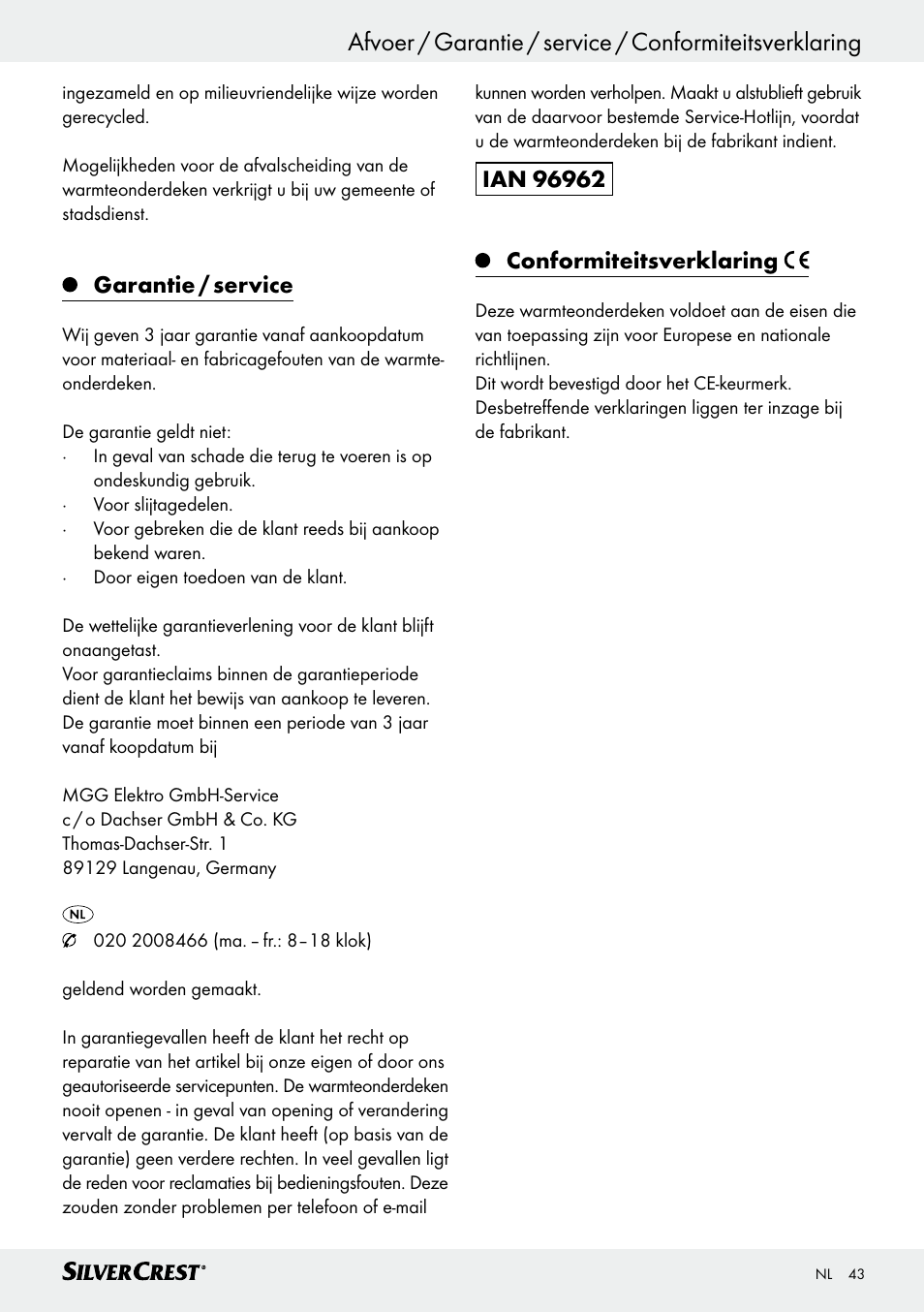 Garantie / service | Silvercrest SWUB 85 B2 User Manual | Page 43 / 57