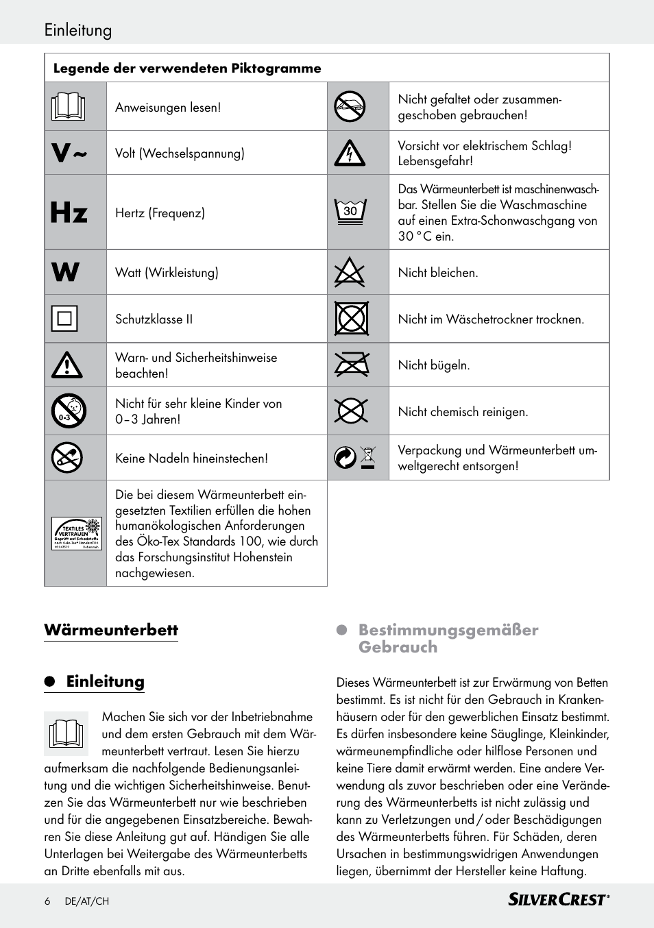 Einleitung, Wärmeunterbett einleitung, Bestimmungsgemäßer gebrauch | Silvercrest SWUB 85 B2 User Manual | Page 6 / 57
