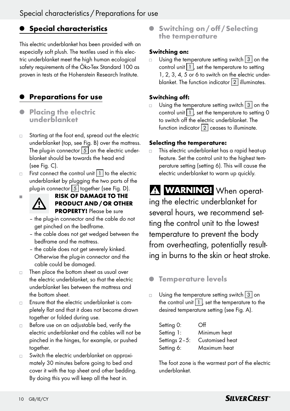 Special characteristics / preparations for use, Special characteristics, Switching on / off / selecting the temperature | Temperature levels | Silvercrest SWUB 85 B2 User Manual | Page 10 / 25