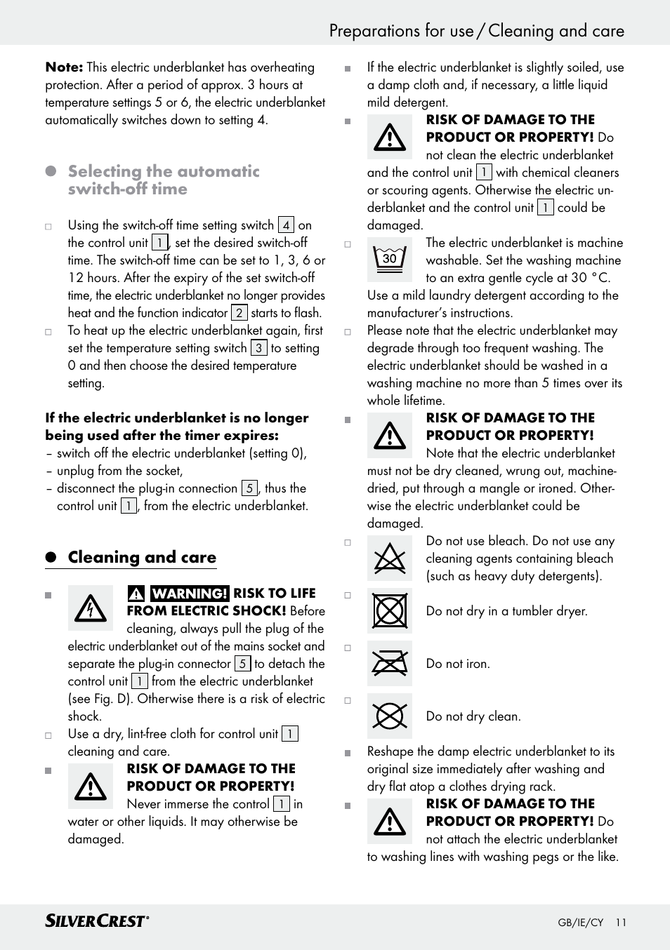 Preparations for use / cleaning and care, Selecting the automatic switch-off time, Cleaning and care | Silvercrest SWUB 85 B2 User Manual | Page 11 / 25