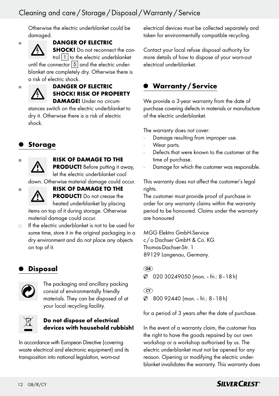 Storage, Disposal, Warranty / service | Silvercrest SWUB 85 B2 User Manual | Page 12 / 25