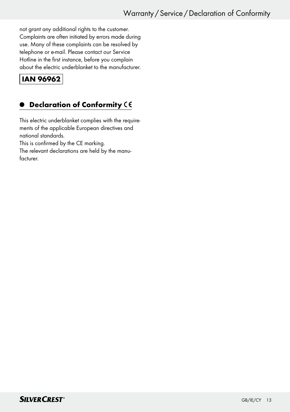 Warranty / service / declaration of conformity | Silvercrest SWUB 85 B2 User Manual | Page 13 / 25