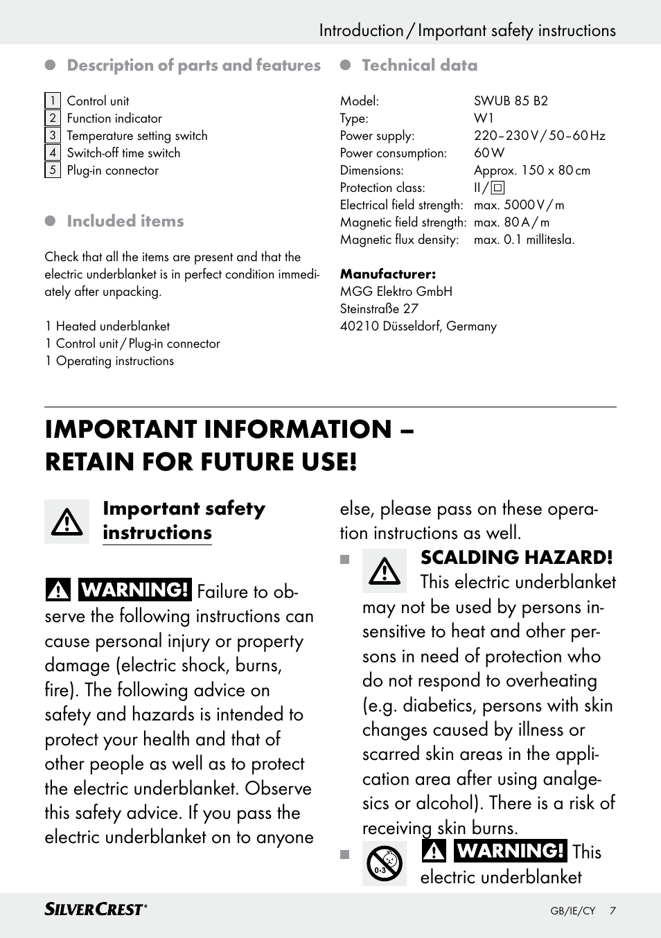 Important information – retain for future use, Introduction / important safety instructions | Silvercrest SWUB 85 B2 User Manual | Page 7 / 25