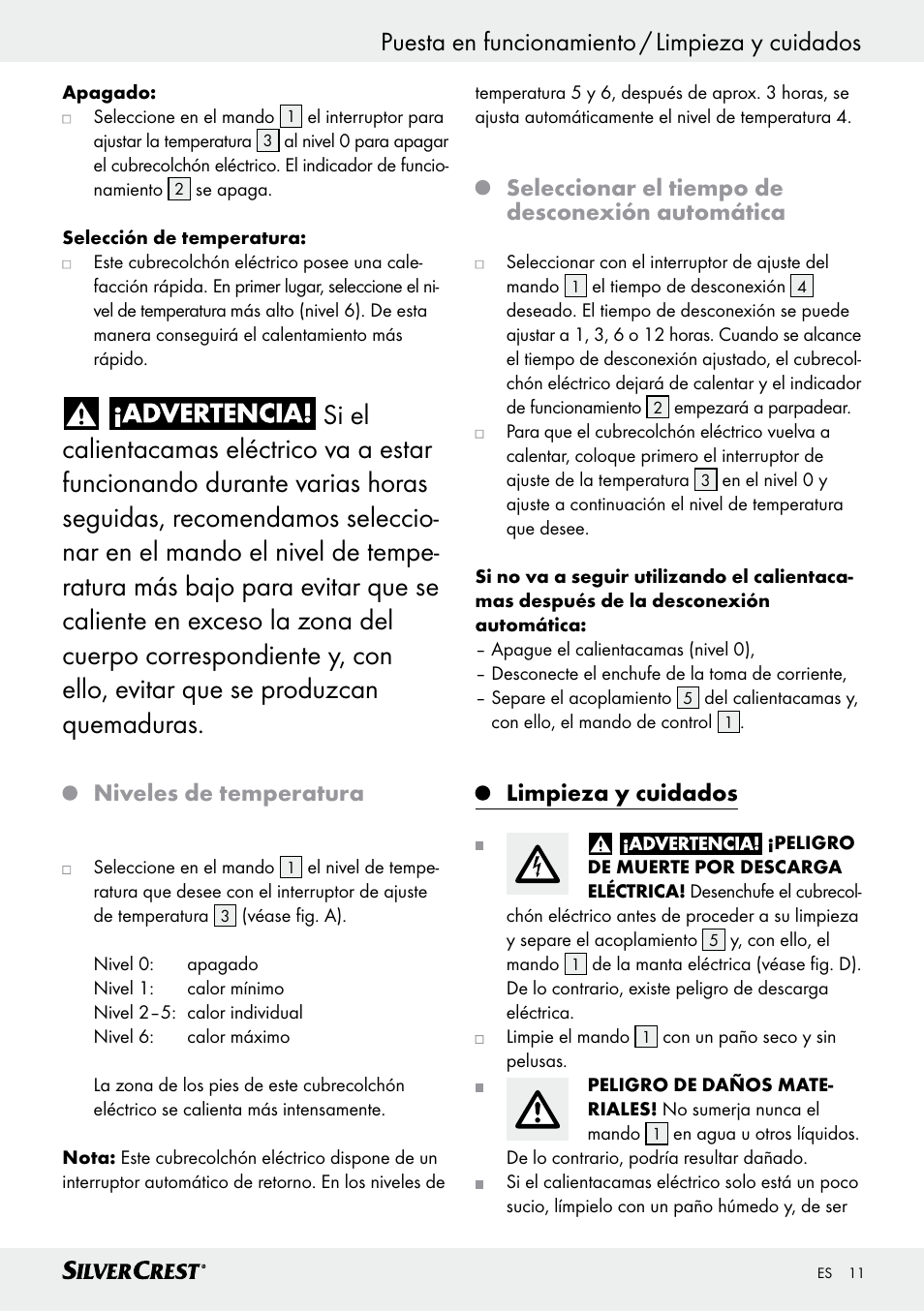 Puesta en funcionamiento / limpieza y cuidados, Niveles de temperatura, Seleccionar el tiempo de desconexión automática | Limpieza y cuidados | Silvercrest SWUB 85 B2 User Manual | Page 11 / 45