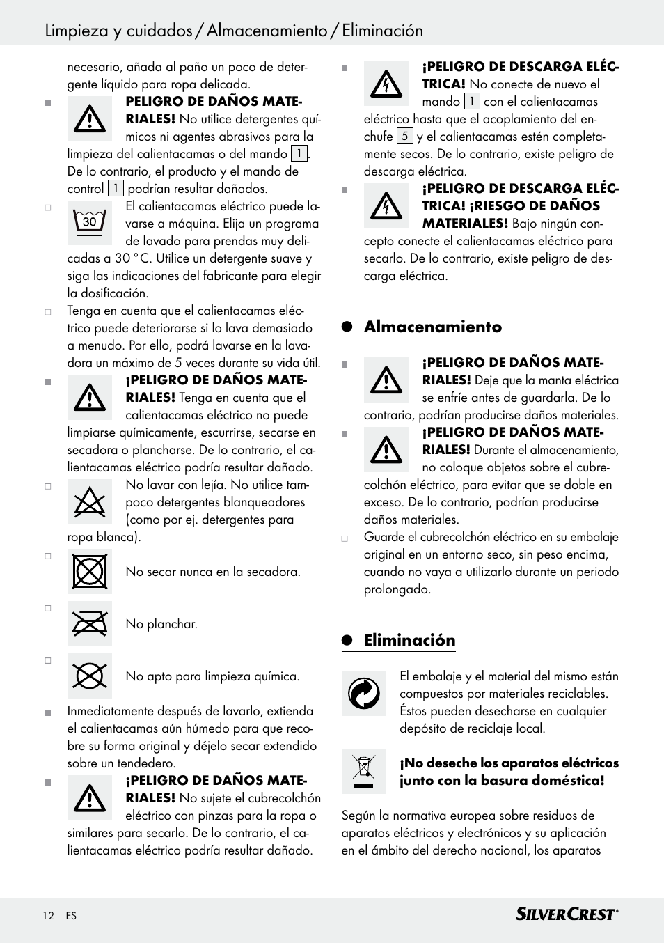 Limpieza y cuidados / almacenamiento / eliminación, Almacenamiento, Eliminación | Silvercrest SWUB 85 B2 User Manual | Page 12 / 45