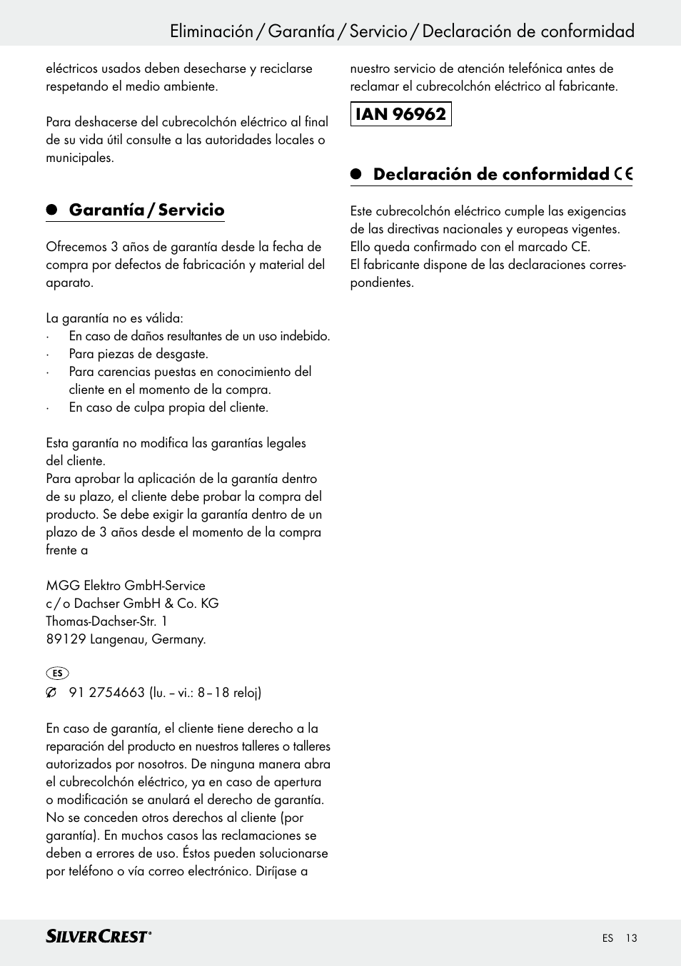 Garantía / servicio | Silvercrest SWUB 85 B2 User Manual | Page 13 / 45
