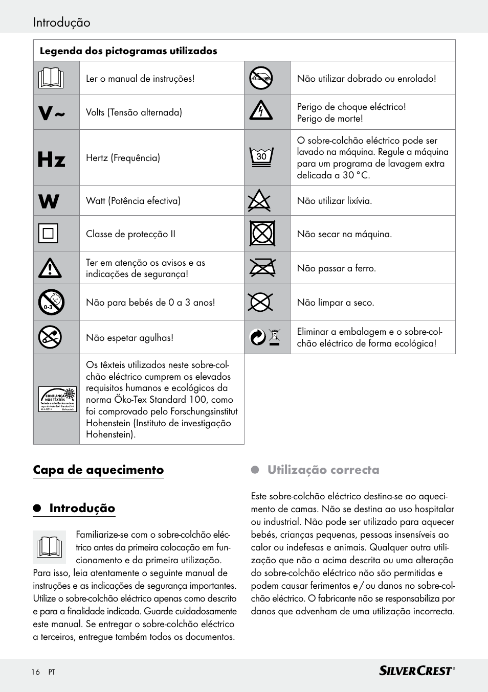 Introdução, Capa de aquecimento introdução, Utilização correcta | Silvercrest SWUB 85 B2 User Manual | Page 16 / 45