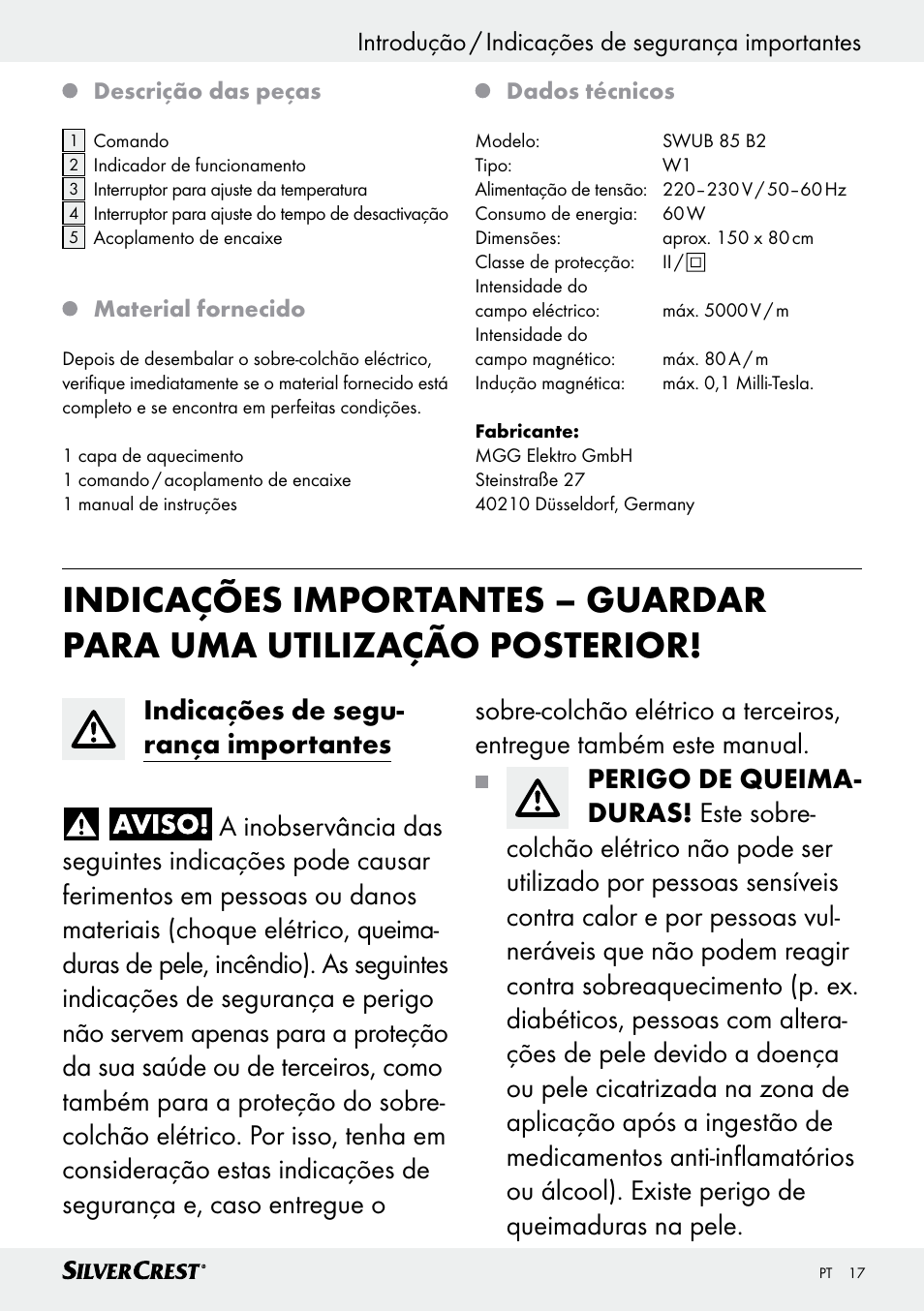 Introdução / indicações de segurança importantes | Silvercrest SWUB 85 B2 User Manual | Page 17 / 45