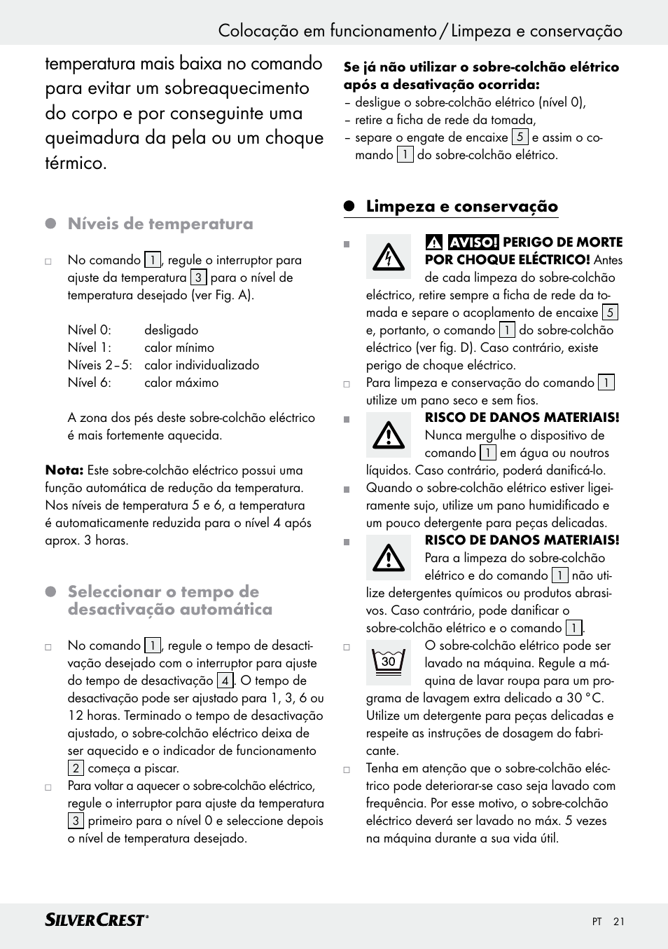Colocação em funcionamento / limpeza e conservação, Níveis de temperatura, Seleccionar o tempo de desactivação automática | Limpeza e conservação | Silvercrest SWUB 85 B2 User Manual | Page 21 / 45