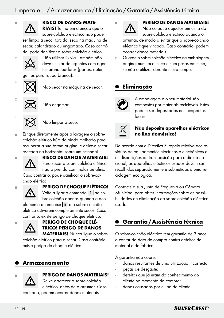 Armazenamento, Eliminação, Garantia / assistência técnica | Silvercrest SWUB 85 B2 User Manual | Page 22 / 45