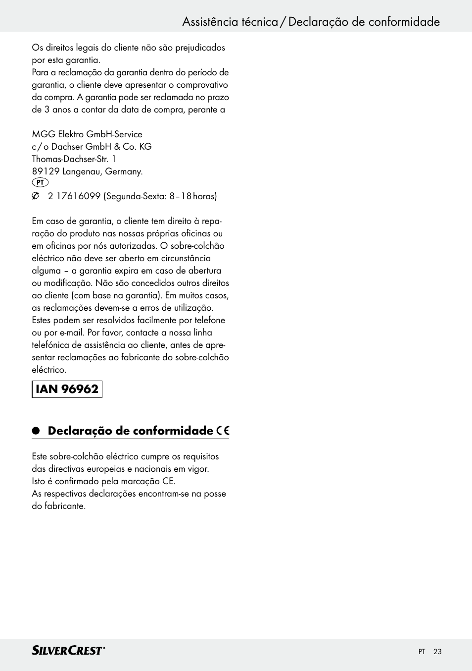 Assistência técnica / declaração de conformidade | Silvercrest SWUB 85 B2 User Manual | Page 23 / 45