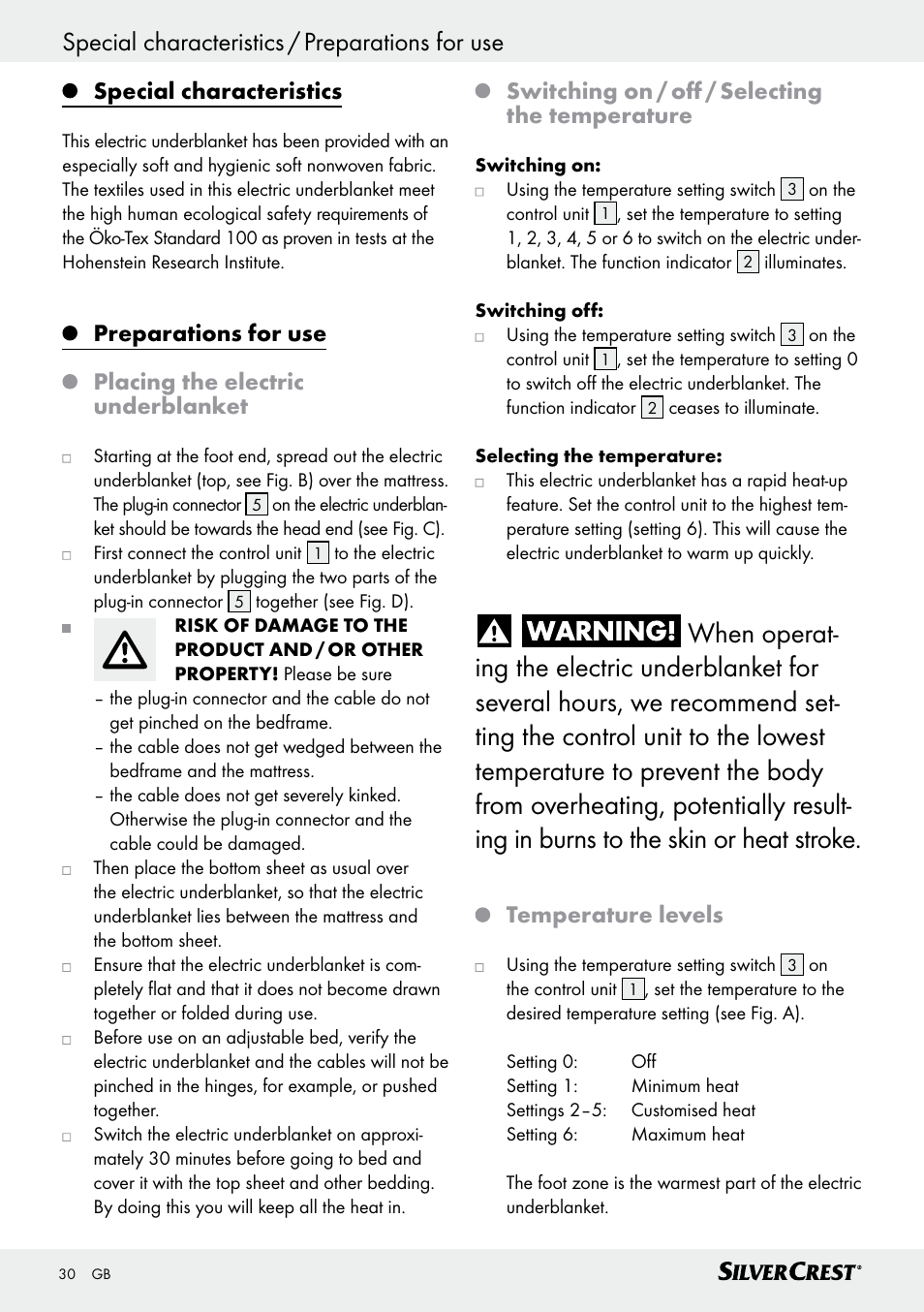 Special characteristics / preparations for use, Special characteristics, Switching on / off / selecting the temperature | Temperature levels | Silvercrest SWUB 85 B2 User Manual | Page 30 / 45