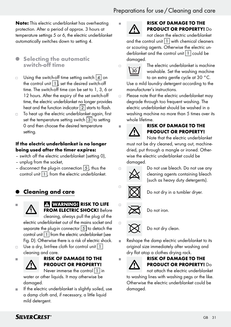 Preparations for use / cleaning and care, Selecting the automatic switch-off time, Cleaning and care | Silvercrest SWUB 85 B2 User Manual | Page 31 / 45