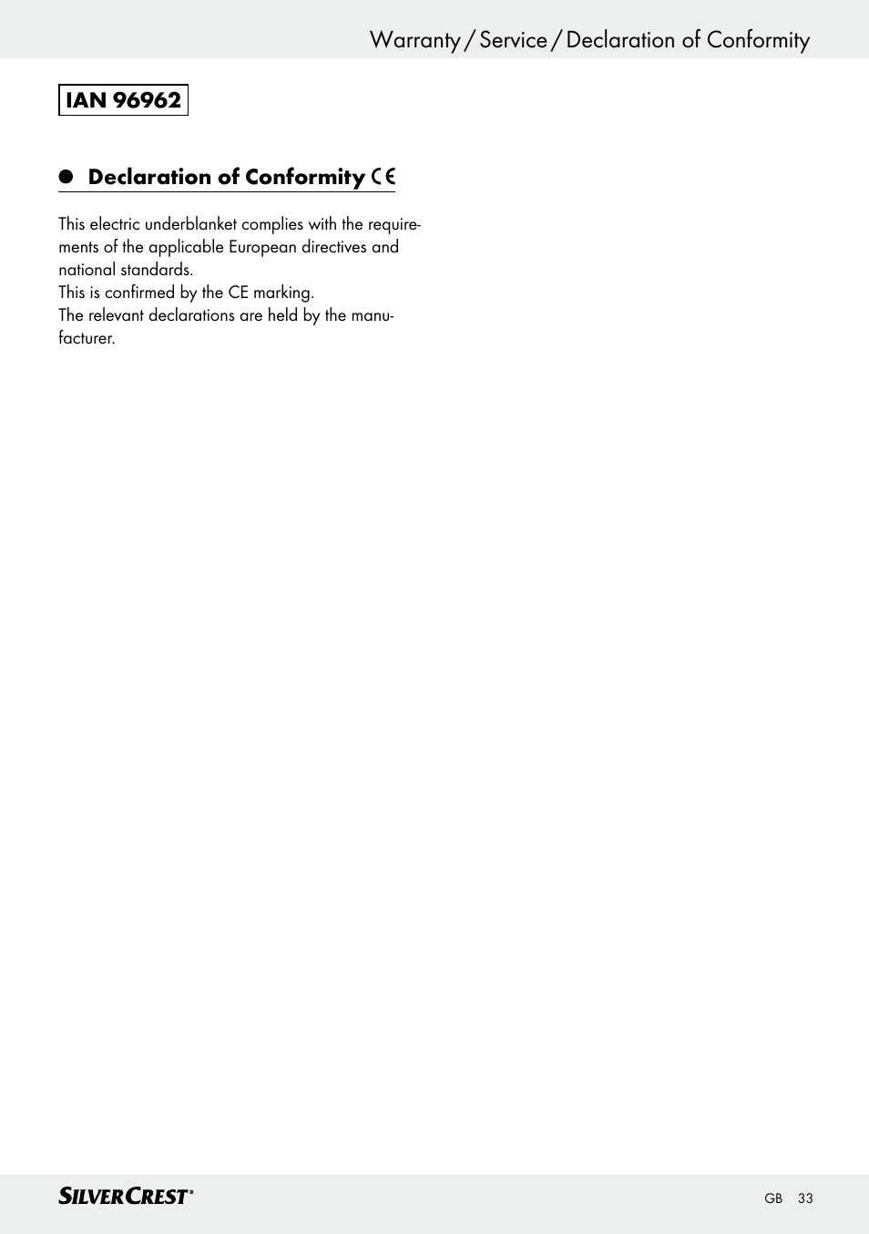 Warranty / service / declaration of conformity | Silvercrest SWUB 85 B2 User Manual | Page 33 / 45