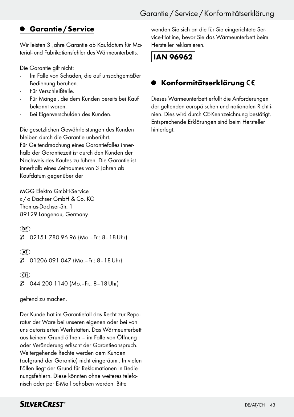 Garantie / service / konformitätserklärung, Garantie / service | Silvercrest SWUB 85 B2 User Manual | Page 43 / 45