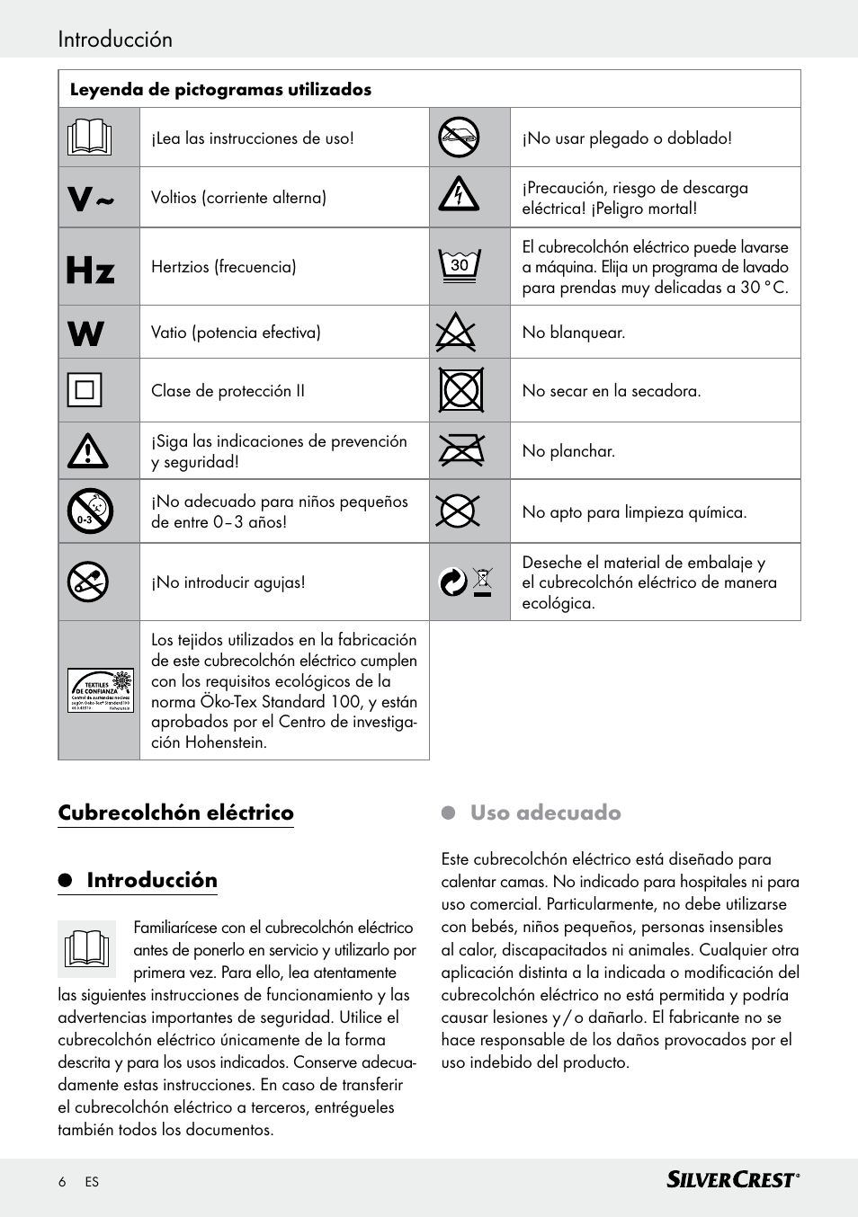 Introducción, Cubrecolchón eléctrico introducción, Uso adecuado | Silvercrest SWUB 85 B2 User Manual | Page 6 / 45