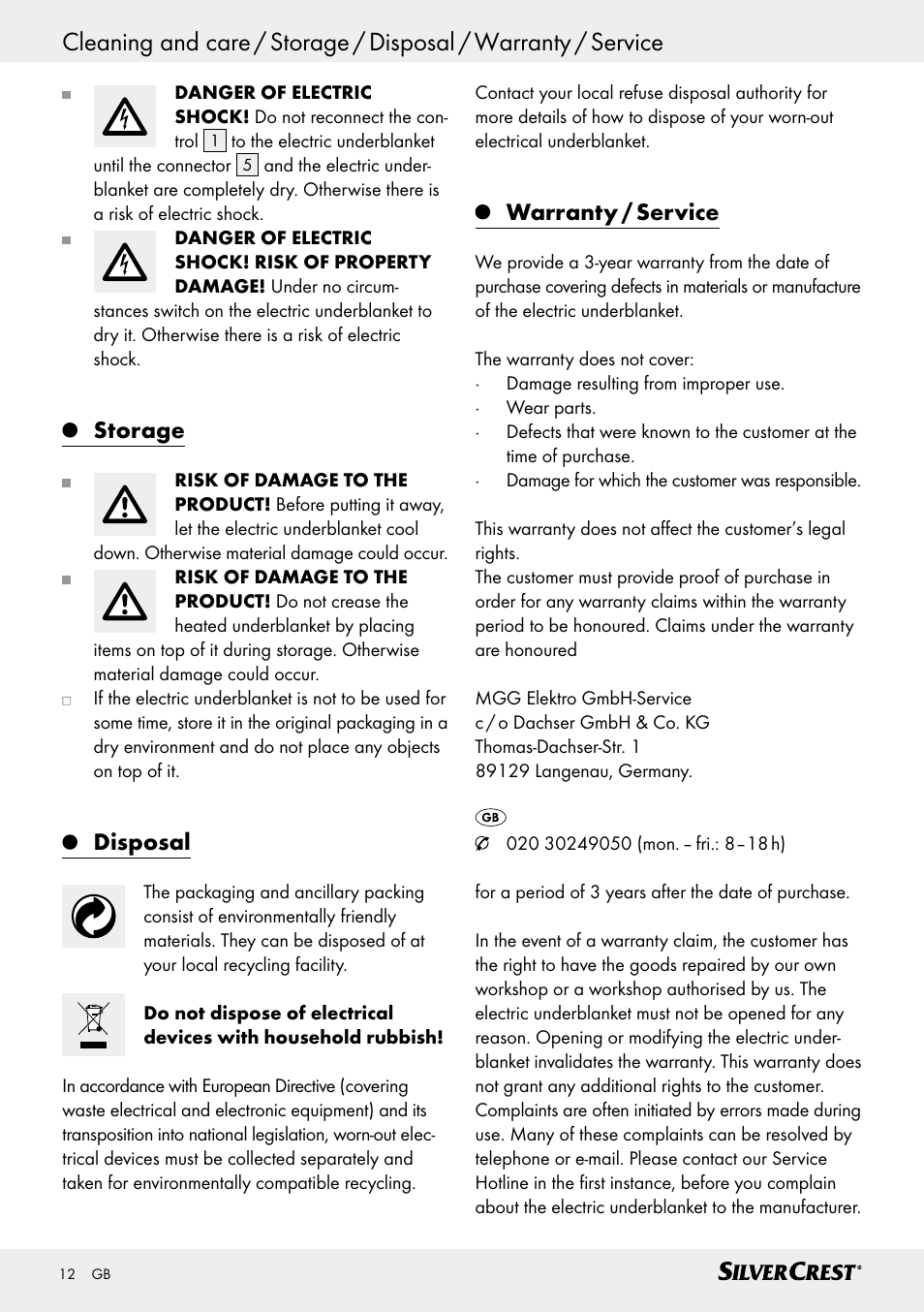 Storage, Disposal, Warranty / service | Silvercrest SWUB 85 B2 User Manual | Page 12 / 73
