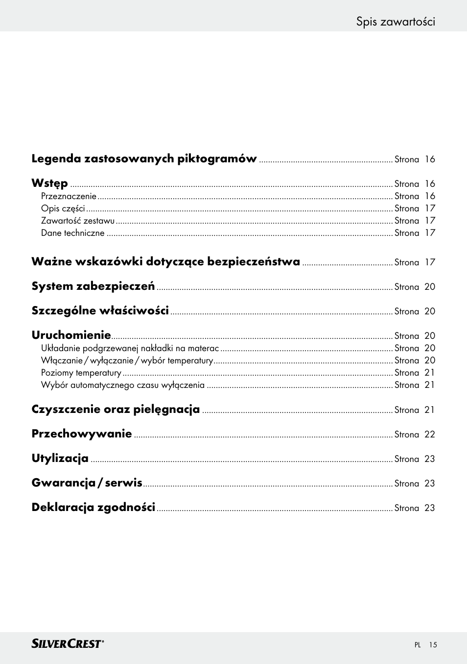 Spis zawartości | Silvercrest SWUB 85 B2 User Manual | Page 15 / 73