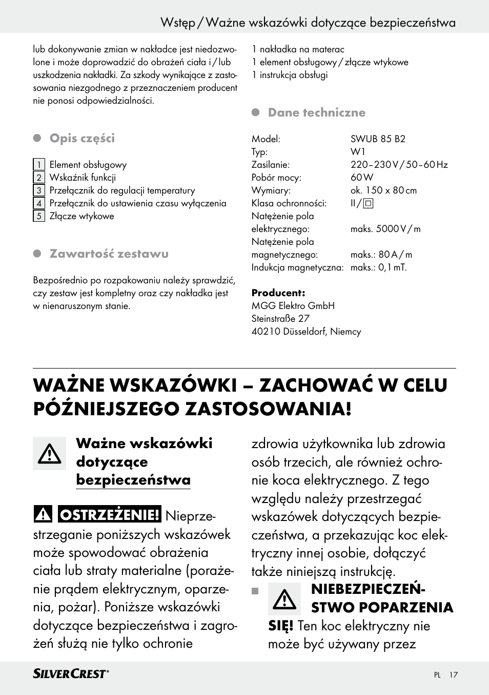 Wstęp / ważne wskazówki dotyczące bezpieczeństwa | Silvercrest SWUB 85 B2 User Manual | Page 17 / 73