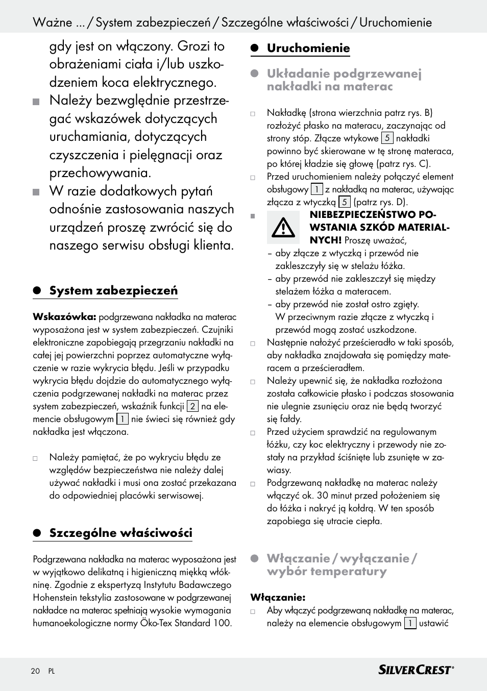 System zabezpieczeń, Szczególne właściwości, Włączanie / wyłączanie / wybór temperatury | Silvercrest SWUB 85 B2 User Manual | Page 20 / 73