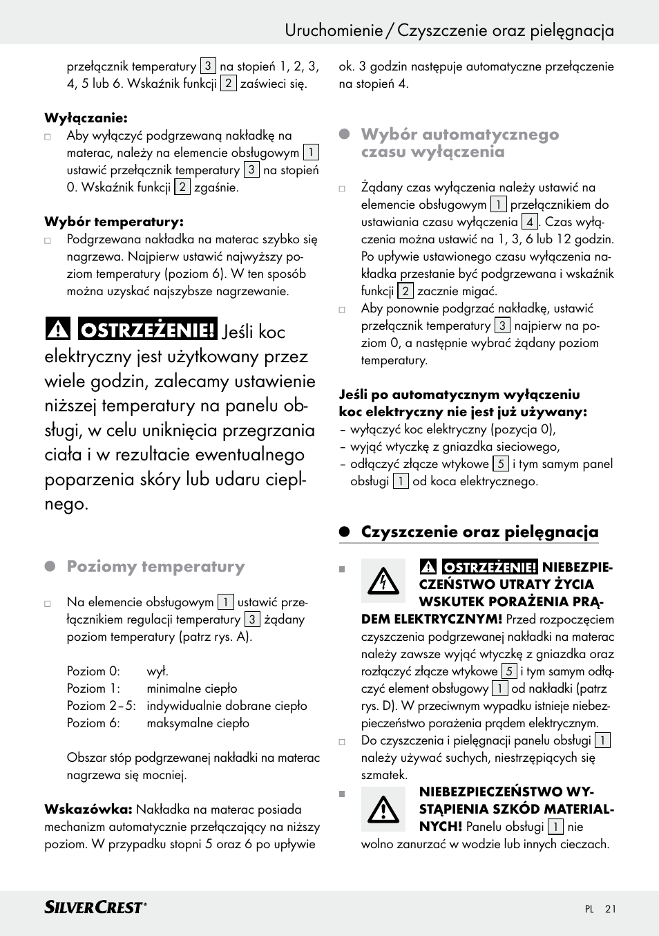 Uruchomienie / czyszczenie oraz pielęgnacja, Poziomy temperatury, Wybór automatycznego czasu wyłączenia | Czyszczenie oraz pielęgnacja | Silvercrest SWUB 85 B2 User Manual | Page 21 / 73