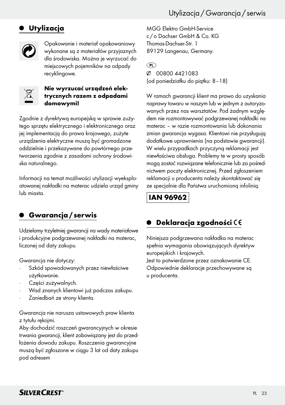 Utylizacja / gwarancja / serwis, Utylizacja, Gwarancja / serwis | Silvercrest SWUB 85 B2 User Manual | Page 23 / 73