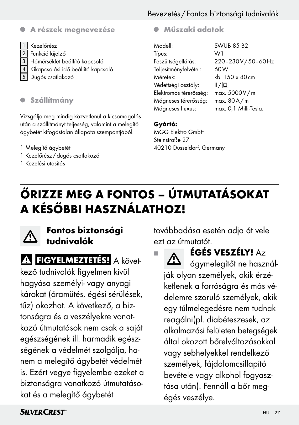 Bevezetés / fontos biztonsági tudnivalók | Silvercrest SWUB 85 B2 User Manual | Page 27 / 73