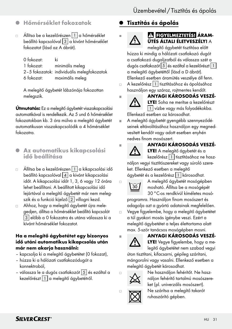 Üzembevétel / tisztítás és ápolás, Hőmérséklet fokozatok, Az automatikus kikapcsolási idő beállítása | Tisztítás és ápolás | Silvercrest SWUB 85 B2 User Manual | Page 31 / 73
