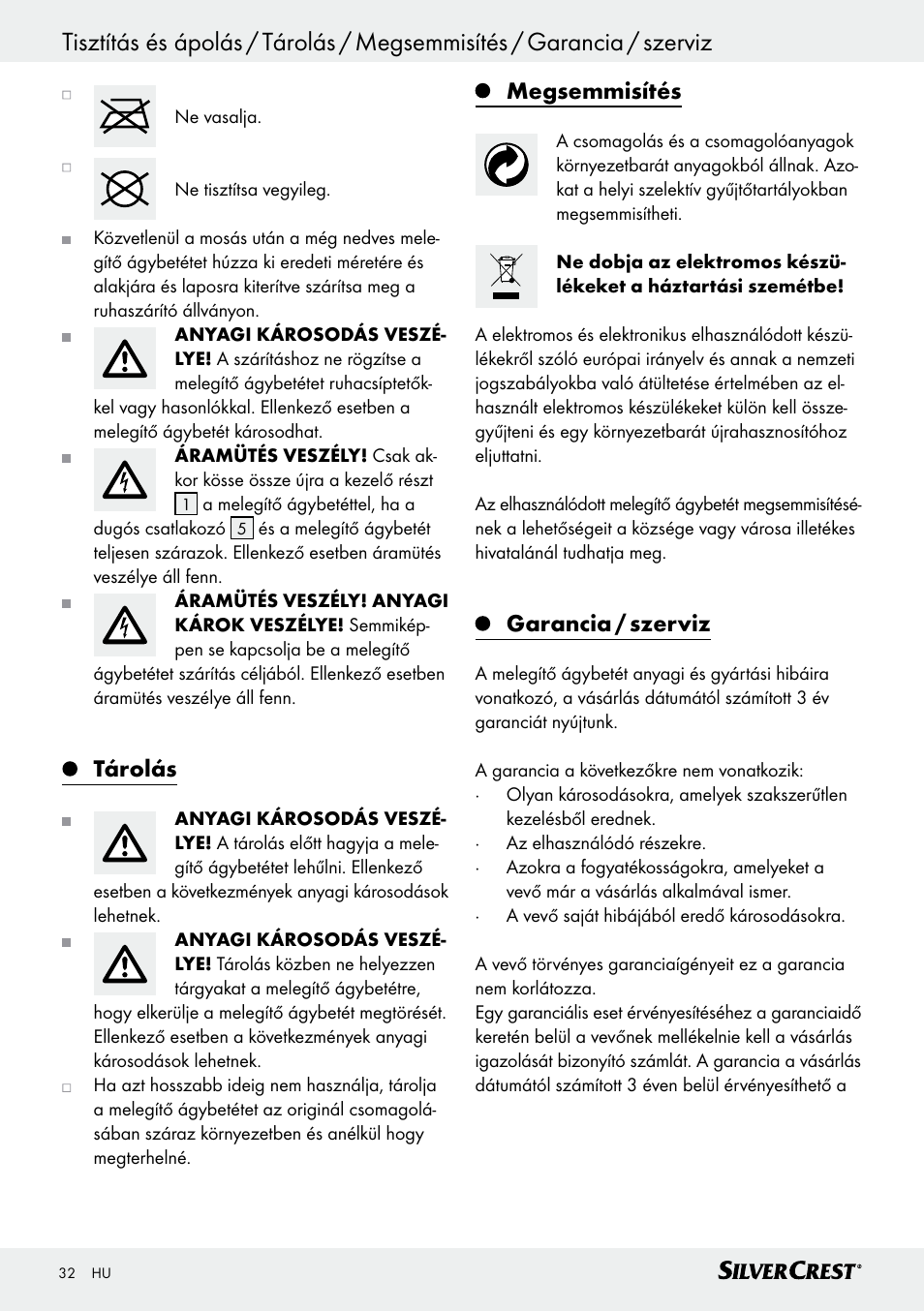 Tárolás, Megsemmisítés, Garancia / szerviz | Silvercrest SWUB 85 B2 User Manual | Page 32 / 73