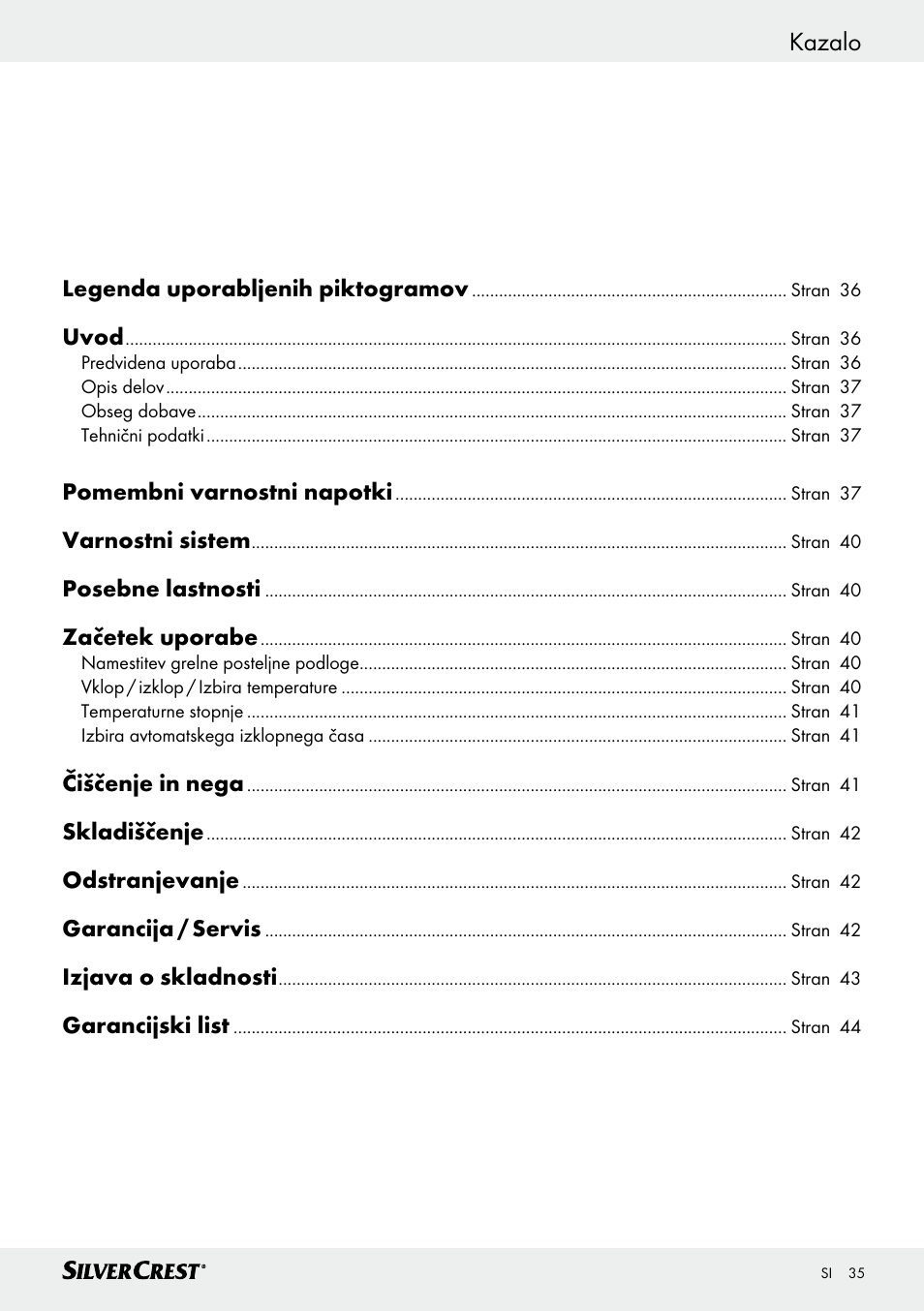 Kazalo | Silvercrest SWUB 85 B2 User Manual | Page 35 / 73