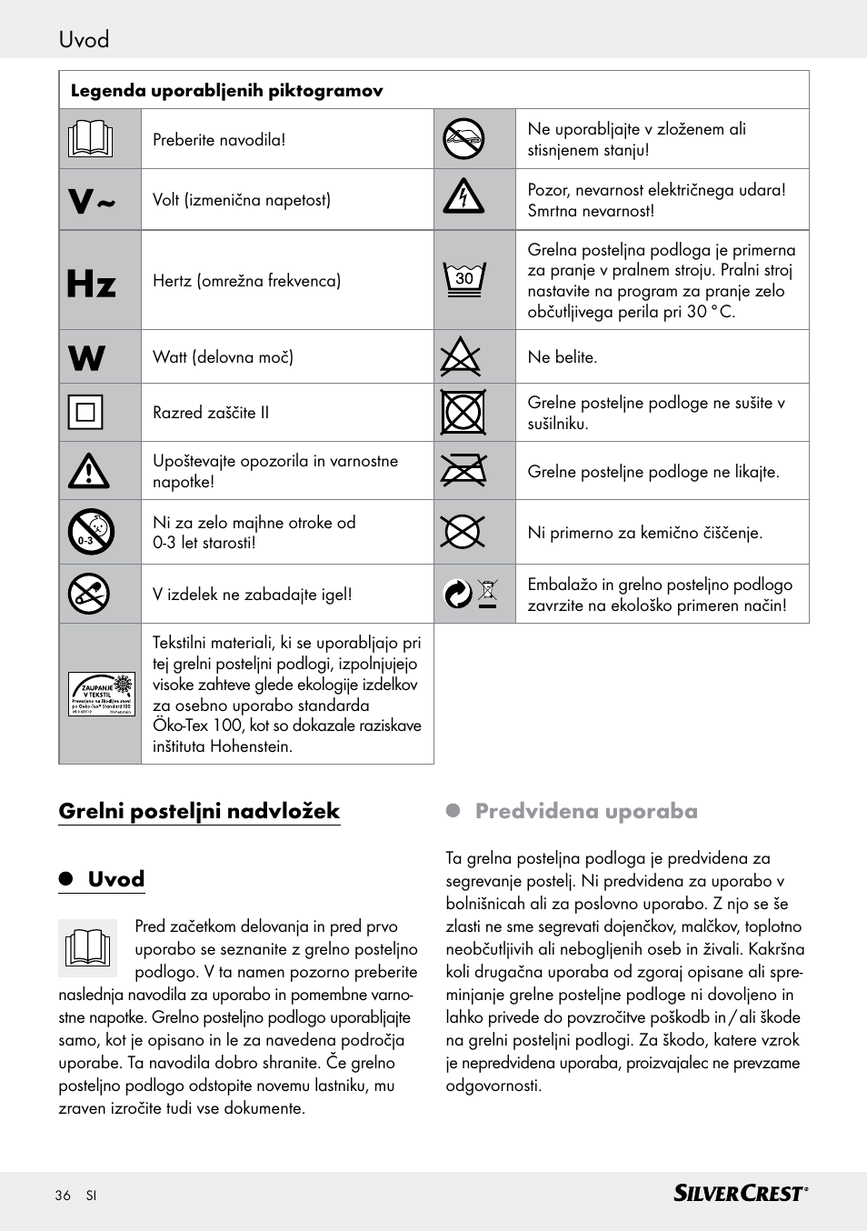 Uvod, Grelni posteljni nadvložek uvod, Predvidena uporaba | Silvercrest SWUB 85 B2 User Manual | Page 36 / 73
