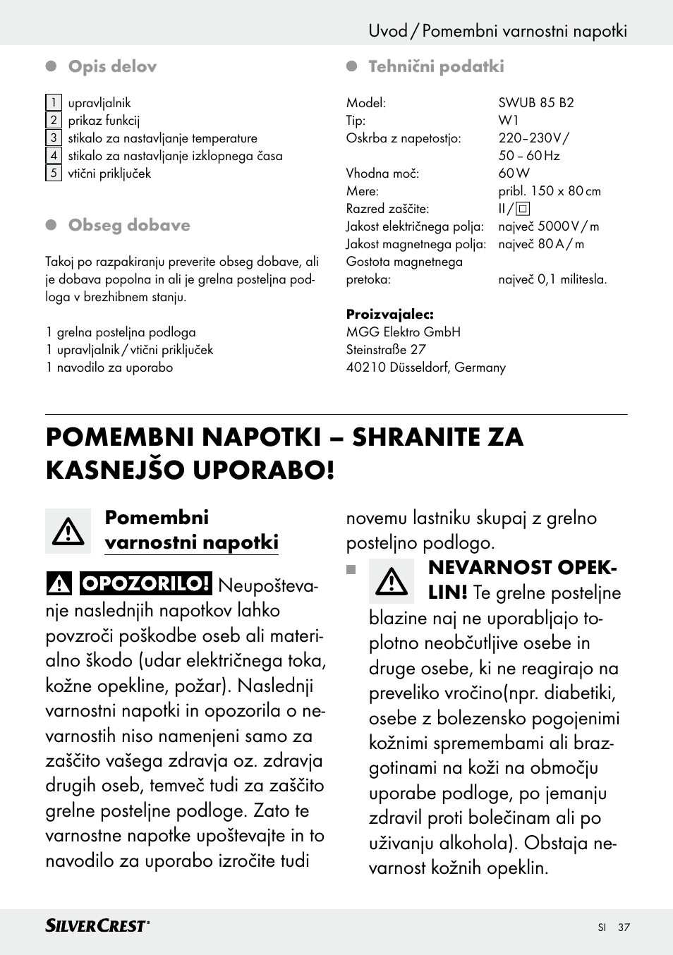 Pomembni napotki – shranite za kasnejšo uporabo, Uvod / pomembni varnostni napotki | Silvercrest SWUB 85 B2 User Manual | Page 37 / 73