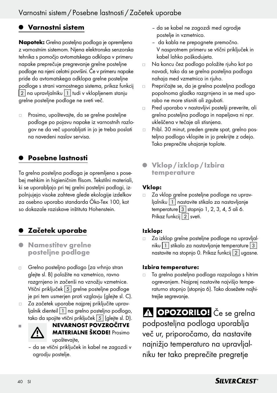 Varnostni sistem, Posebne lastnosti, Vklop / izklop / izbira temperature | Silvercrest SWUB 85 B2 User Manual | Page 40 / 73